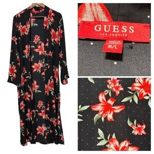 Guess Black Floral Sheer Kimono Red Lily Polka Dot Layer M/L | Y2K Resort Wear
